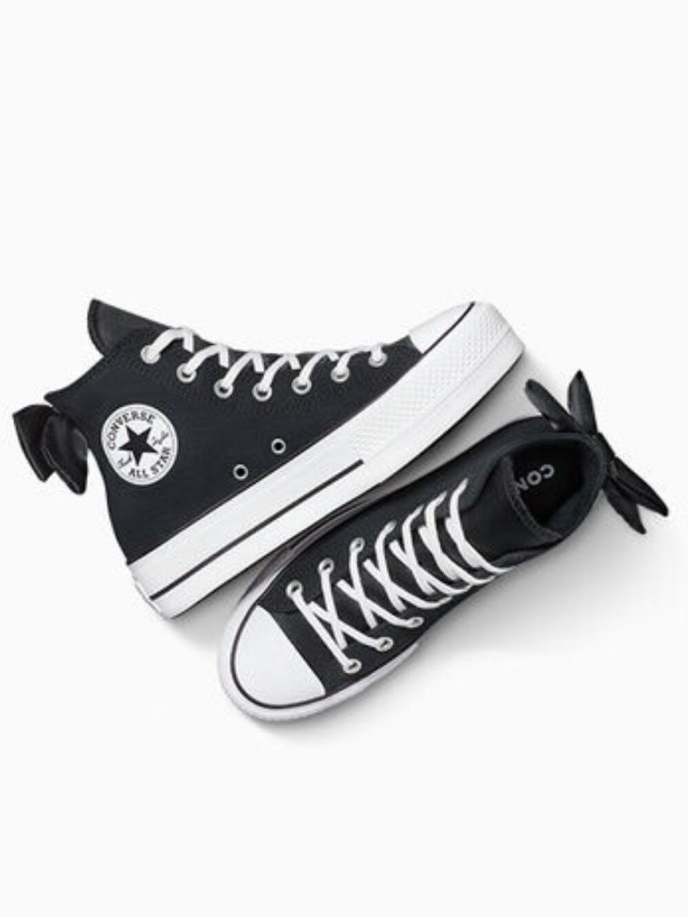 CONVERSE Chuck Taylor All Star Black/White Lift Platform w/Satin Bows 8.5